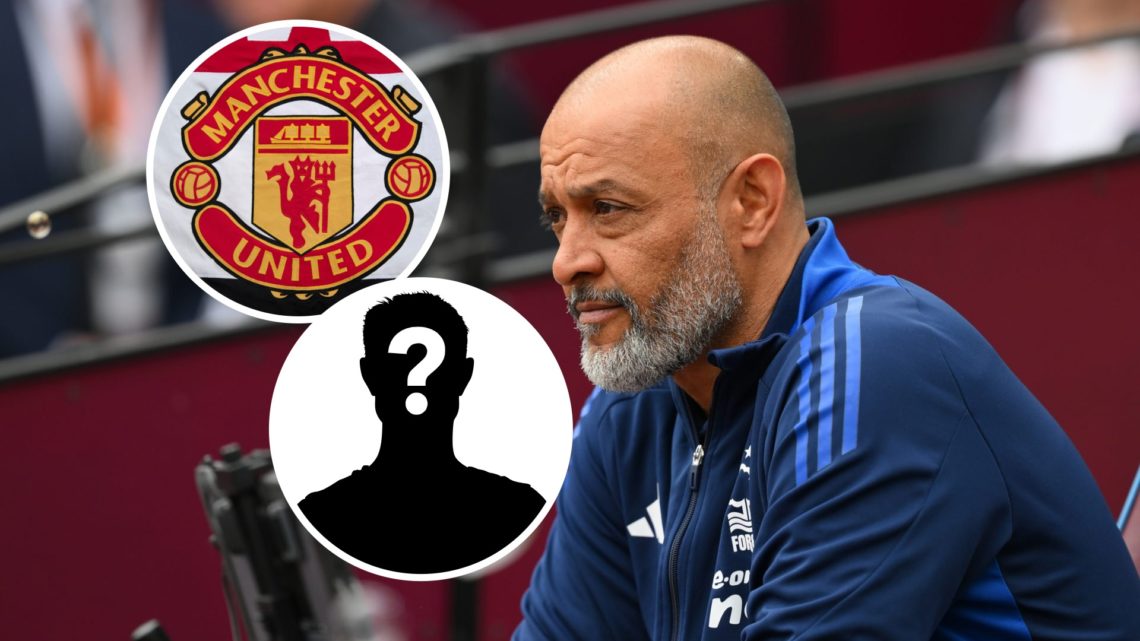 Main: Nuno Espirito Santo watches his team at West Ham and an inset of a Manchester United badge