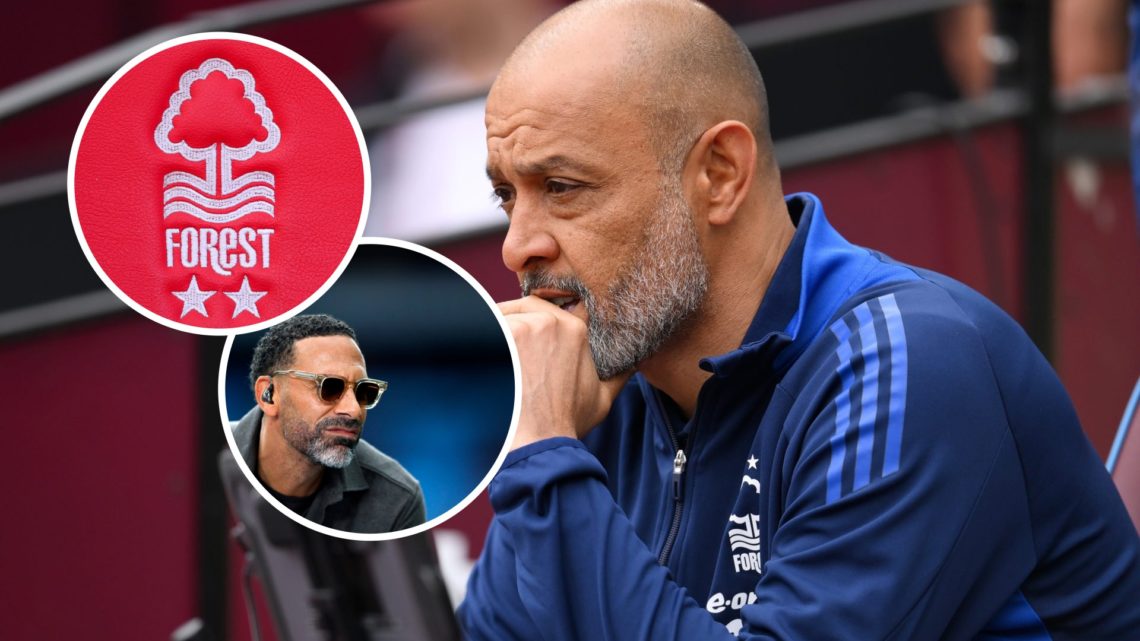 Main: Nuno Espirito Santo watches Forest vs West Ham and Inset: Forest club crest (Top) and Rio Ferdinand (Bottom)