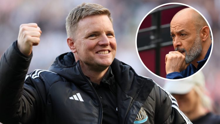 Eddie Howe celebrates securing a Champions League place for Newcastle United. Inset: Nottingham Forest manager Nuno Espirito Santo looking on again...