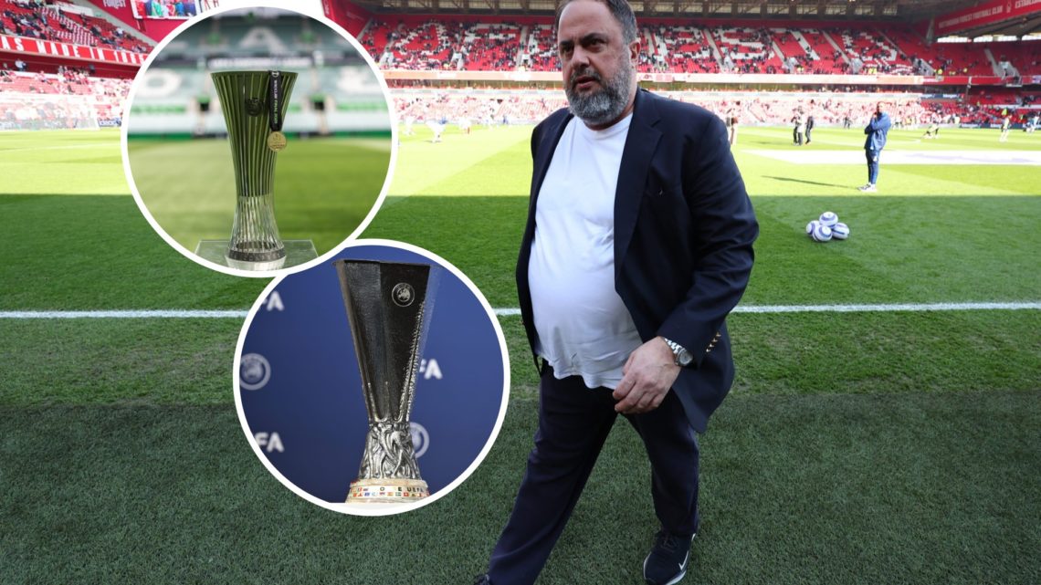 Main: Evangelos Marinakis at the City Ground and Inset: Europa League Trophy(bottom) and Conference League trophy(top(