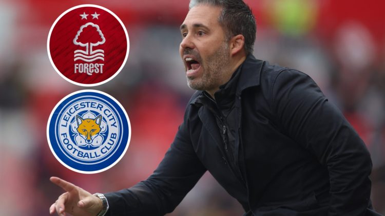 New Leicester City manager Marti Cifuentes. Inset of Nottingham Forest and Leicester City badges.