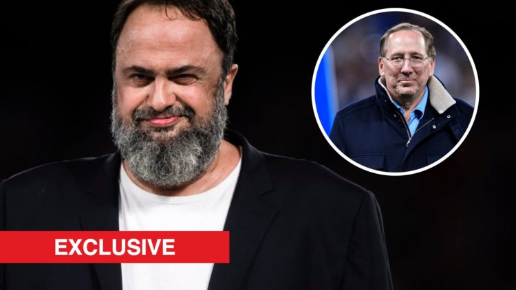 Evangelos Marinakis smiling after Olympiacos won the UEFA Conference League. Inset. Lyon owner John Textor