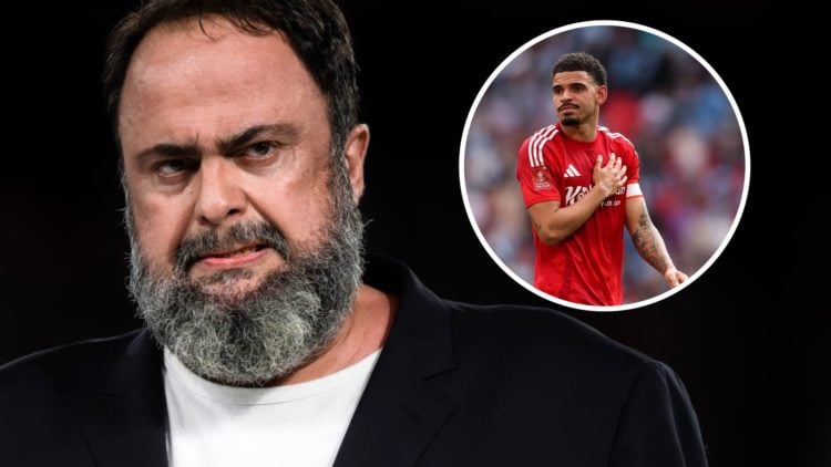 Evangelos Marinakis, president of Olympiacos FC, looks on following the club's UEFA Conference League final win. Inset: Morgan Gibbs-White pats the...