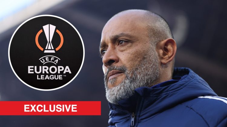 Nuno Espírito Santo looks on during Crystal Palace vs Nottingham Forest. Inset: The Europa League logo