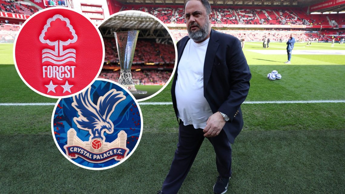 Main: Evangelos Marinakis and Insets of Forest crest, Crystal Palace crest and the Europa League trophy