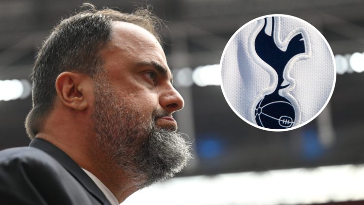 Evangelos Marinakis ahead of the FA Cup semi-final. Inset: The club crest of Tottenham Hotspur