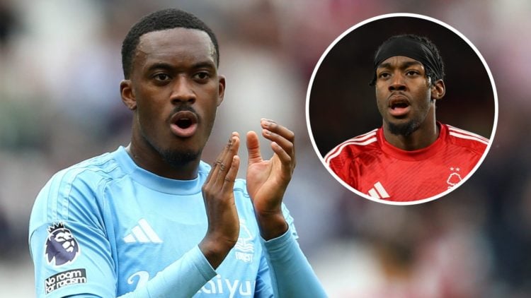 Callum Hudson-Odoi applauds the fans after Nottingham Forest beat West Ham United. Inset: Anthony Elanga in action for Nottingham Forest against Ma...