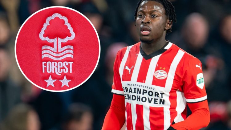 Johan Bakayoko looks on during the Eredivisie match between PSV and NAC Breda. Inset: The club crest of Nottingham Forest
