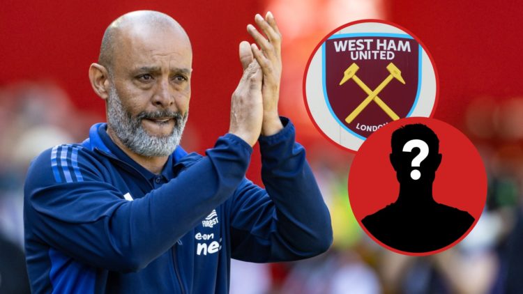 Nuno Espírito Santo applauds the fans ahead of Nottingham Forest vs Leicester City. Inset: The official badge of West Ham United