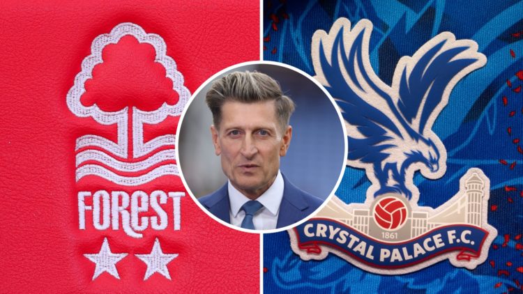 Split image of the club crests of Nottingham Forest and Crystal Palace. Inset: Steve Parish arrives ahead of Crystal Palace vs Wolverhampton Wander...
