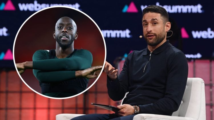 David Ornstein on stage on day one of the 2023 Web Summit. Inset: Yoane Wissa celebrates Brentford's victory over Southampton