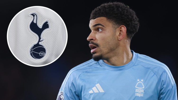 Morgan Gibbs-White in action for Nottingham Forest against Crystal Palace. Inset: The club crest of Tottenham Hotspur