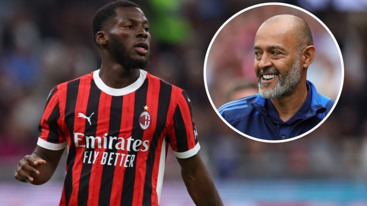 Yunus Musah in action for AC Milan against Fiorentina. Inset: Nuno Espirito Santo looks on during the Premier League match between Nottingham Fores...