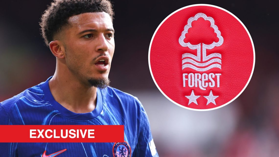 Jadon Sancho in action for Chelsea against Nottingham Forest. Inset: The club crest of Nottingham Forest