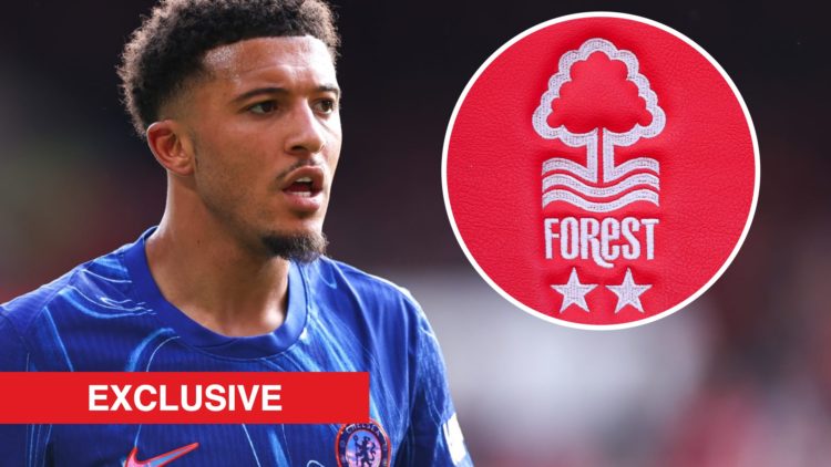 Jadon Sancho in action for Chelsea against Nottingham Forest. Inset: The club crest of Nottingham Forest