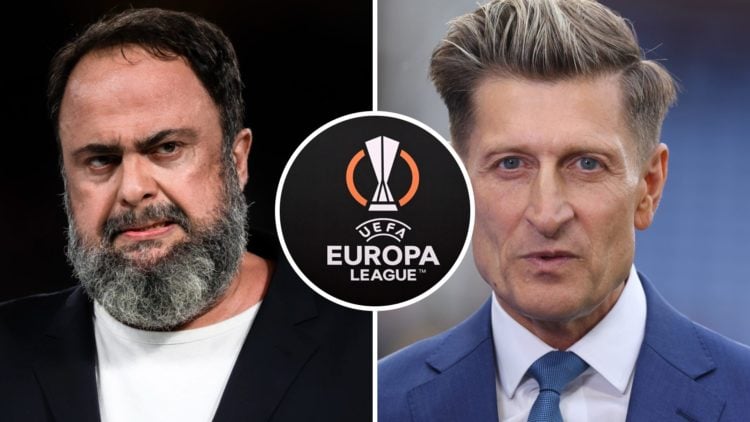 Split image of Evangelos Marinakis looking on following Olympiacos’ UEFA Conference League final win and Steve Parish arriving ahead of Crystal Pal...