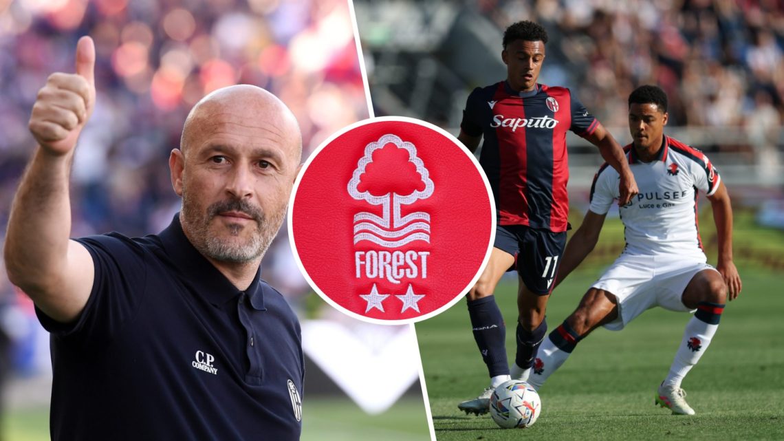 Left: Bologna boss Vincenzo Italiano and Right: Dan Ndoye. Inset: Forest club crest