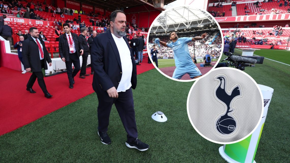 Main: Evangelos Marinakis on the City Ground pitch. Inset: Morgan Gibbs-White (Top) and the Tottenham crest (Bottom)