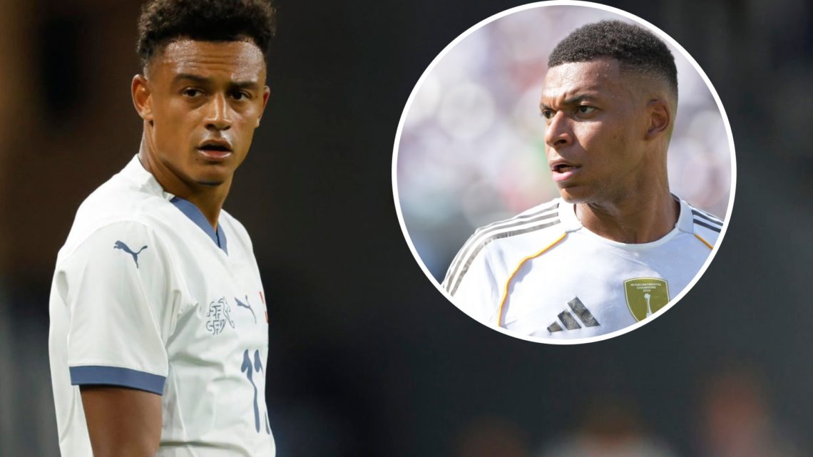 Dan Ndoye looks on during Switzerland's friendly with the USA. Inset: Kylian Mbappe looks on during Real Madrid vs PSG at the FIFA Club World Cup