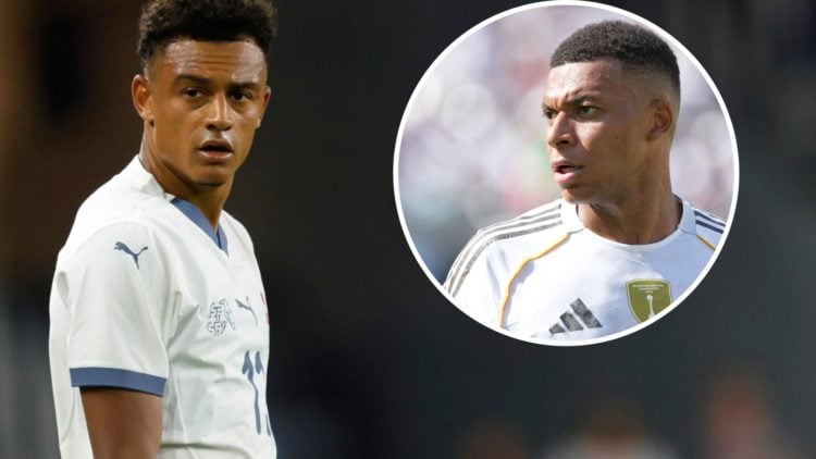 Dan Ndoye looks on during Switzerland's friendly with the USA. Inset: Kylian Mbappe looks on during Real Madrid vs PSG at the FIFA Club World Cup