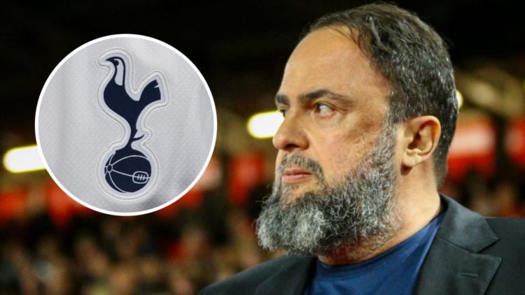 Evangelos Marinakis attends Nottingham Forest vs Arsenal. Inset: The club crest of Tottenham Hotspur