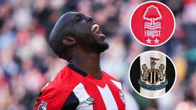 Brentford striker Yoanne Wissa. Inset of Nottingham Forest and Newcastle United badges.