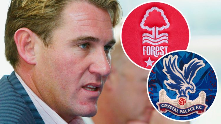 Simon Jordan attends a press conference as Crystal Palace owner. Insets: The club crests of Nottingham Forest and Crystal Palace