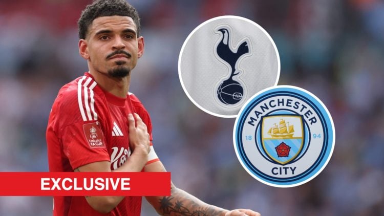 Morgan Gibbs-White pats the Nottingham Forest badge after the FA Cup semi final against Manchester City. Insets: The club crests of Tottenham Hotsp...