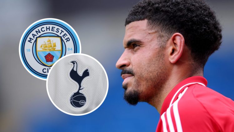 Morgan Gibbs-White during Nottingham Forest vs AS Monaco in pre-season. Insets: The club crests of Tottenham Hotspur and Manchester City