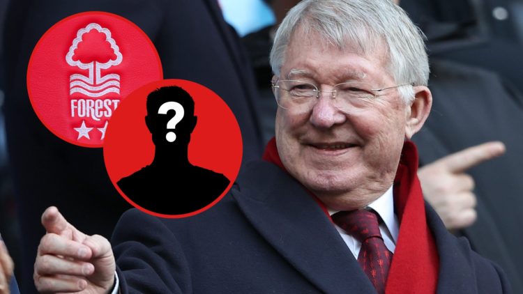 Sir Alex Ferguson points during the Premier League match between Manchester City and Manchester United. Inset: A detailed view of the Nottingham Fo...