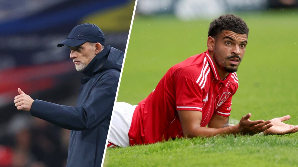 Left: England head coach Thomas Tuchel and Right: Morgan Gibbs-White plays for Forest against Monaco