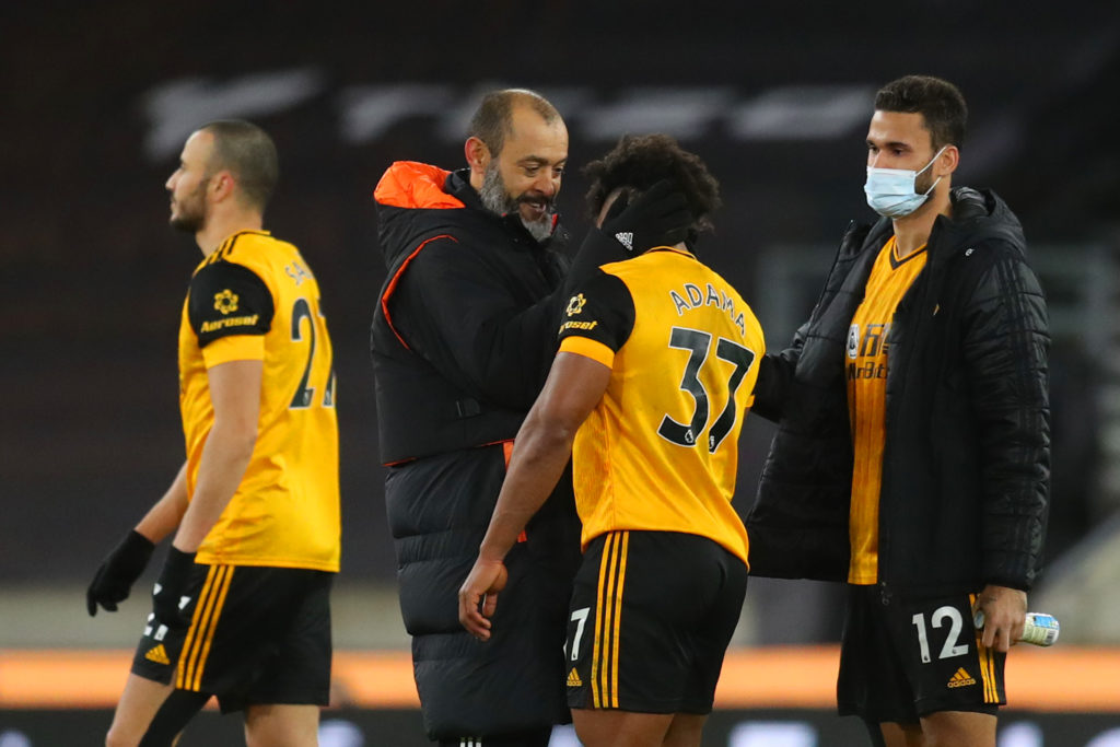 Nuno Espirito Santo embracing Adama Traore when both were at Wolves