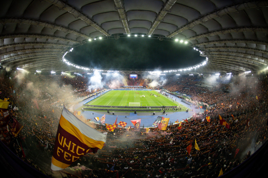 Roma fans during the UEFA Europa League 2023/24 knockout round play-offs second leg match between AS Roma and Feyenoord at Stadio Olimpico.