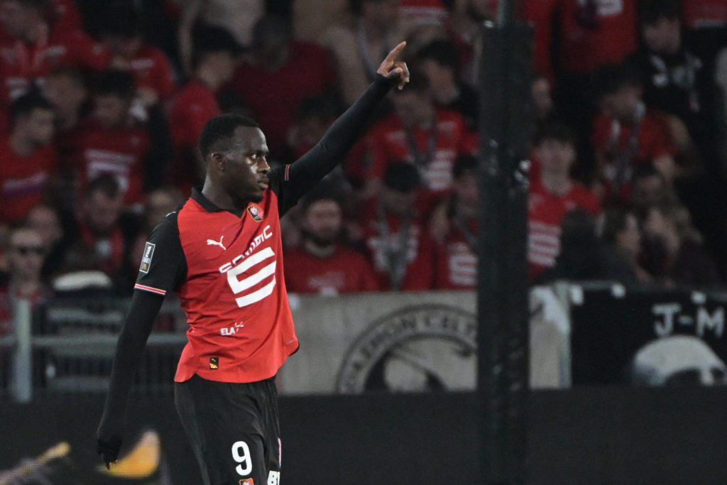Arnaud Kalimuendo celebrates scoring for Rennes against Nice.