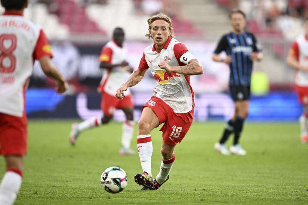 Mads Bidstrup on the ball for Salzburg against Club Brugge.