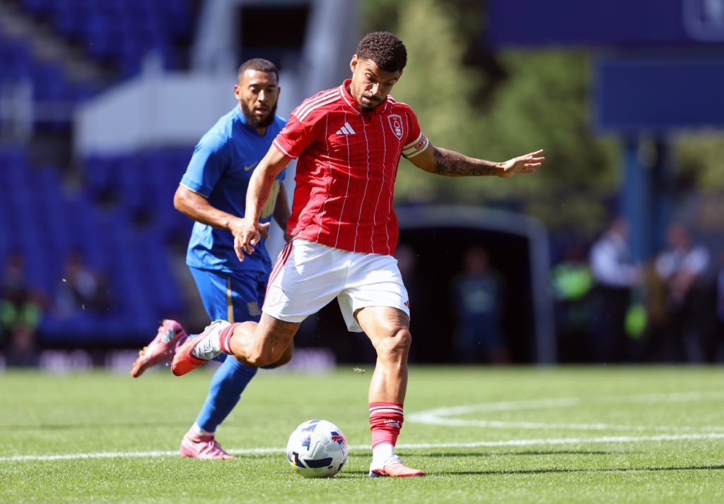 Morgan Gibbs-White takes a shot at goal for Nottingham Forest against Birmingham City
