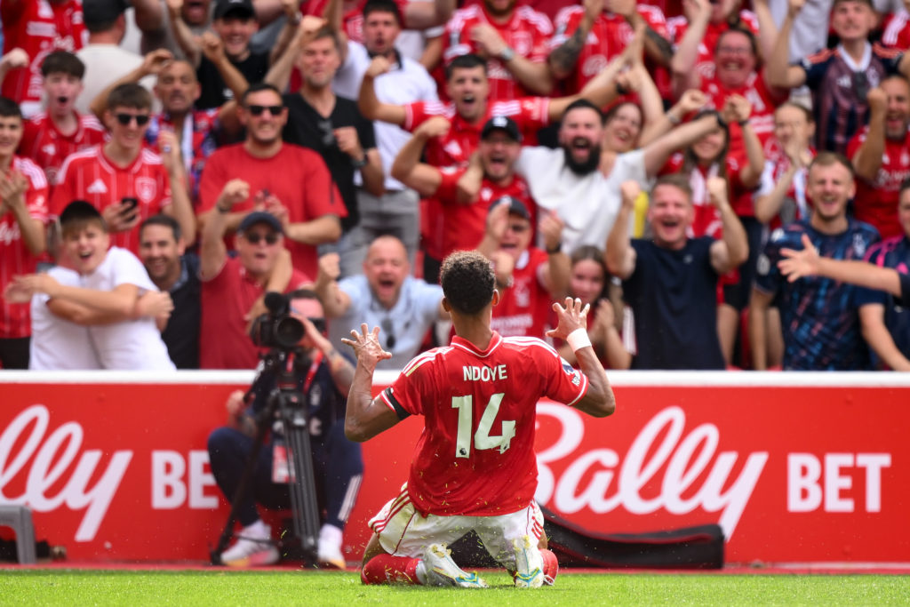 Dan Ndoye celebrates scoring for Nottingham Forest vs Brentford
