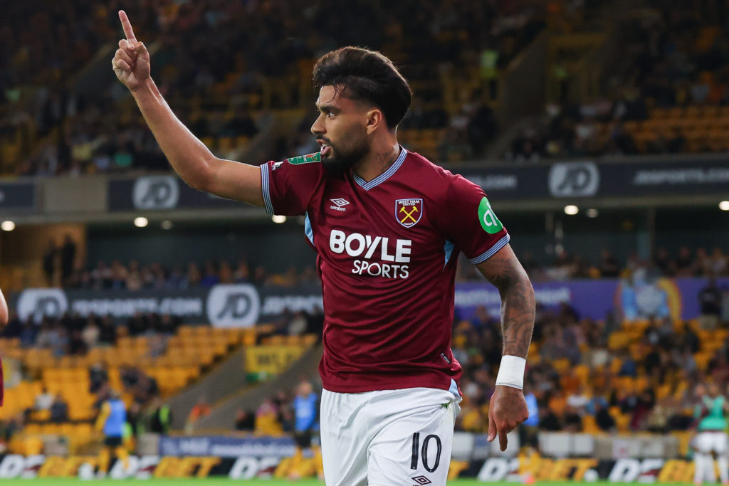 Lucas Paqueta celebrates scoring for West Ham vs Wolves.