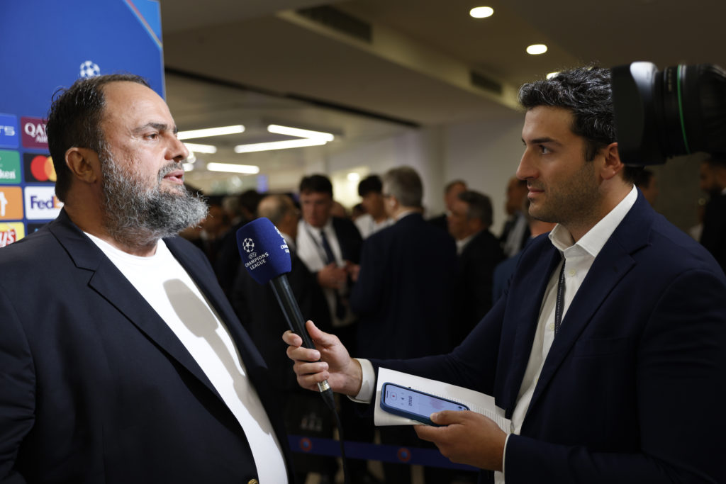 Evangelos Marinakis is interviewed at the UEFA Champions League 2025/26 League Phase Draw