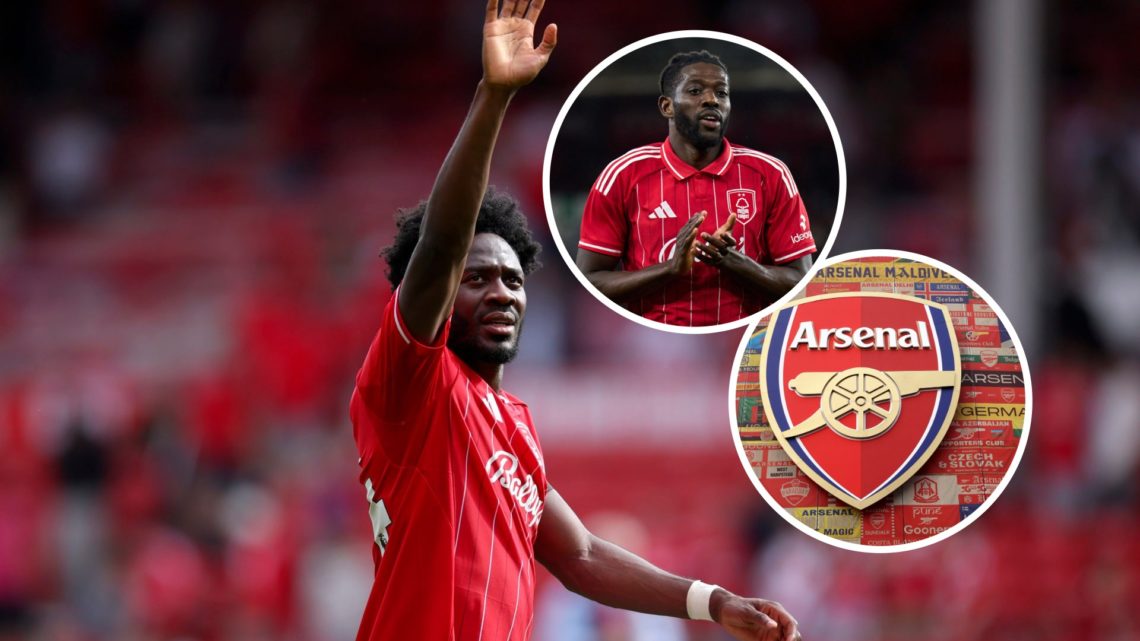 Main: Ola Aina waves to the Forest fans. Inset: Arsenal club crest (Top) and Ibrahim Sangare (Bottom)