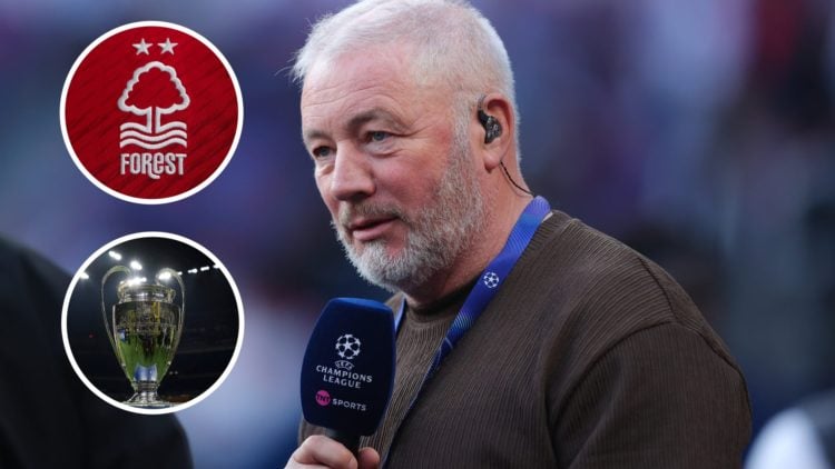 Main: Ally McCoist working as a pundity for TNT Sports during PSG vs Arsenal second leg at Parc des Princes Inset top right: Nottingham Forest badg...