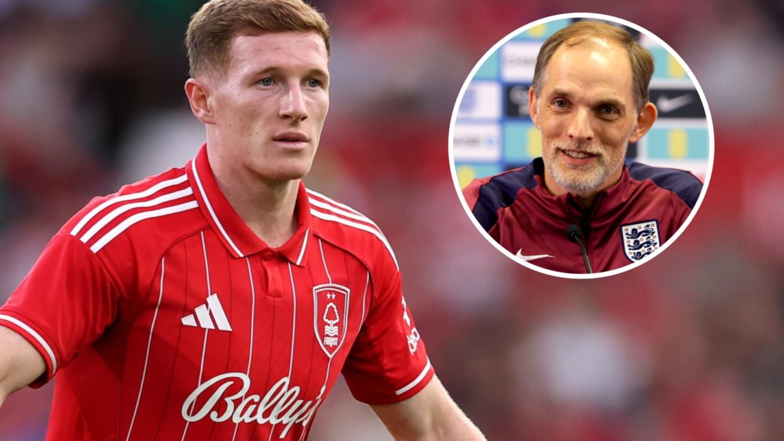 Elliot Anderson in action during Nottingham Forest vs Al Qadsiah. Inset: Thomas Tuchel speaking during an England press-conference