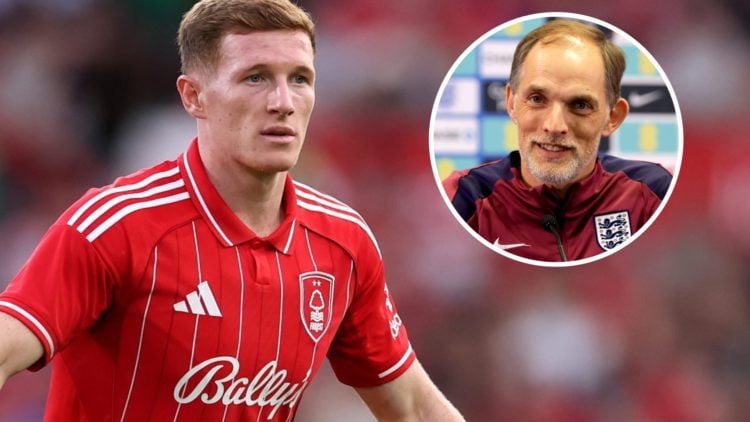Elliot Anderson in action during Nottingham Forest vs Al Qadsiah. Inset: Thomas Tuchel speaking during an England press-conference