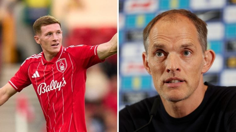 Left: Elliot Anderson in action for Nottingham Forest Right: Thomas Tuchel in England press-conference