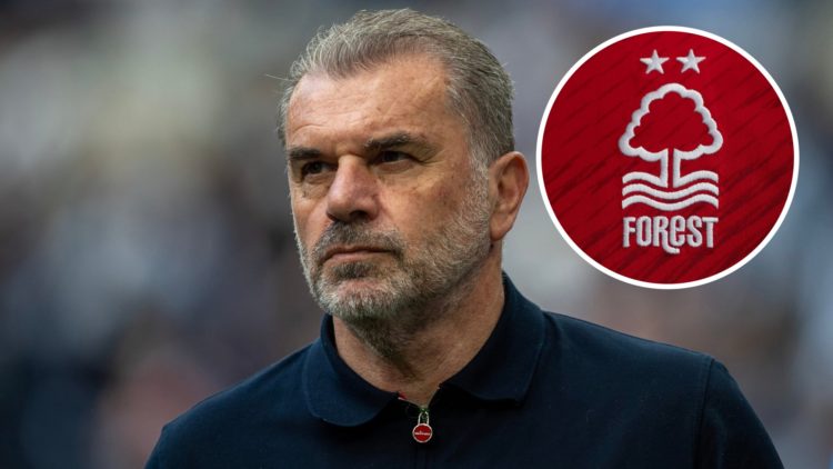 Main: Ange Postecoglou looking on as Tottenham play in the Premier League Overlay: Nottingham Forest badge