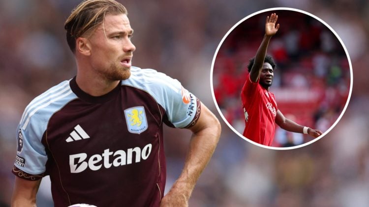 Matty Cash holds the ball during Aston Villa vs Newcastle United. Inset: Ola Aina waves to the fans following Nottingham Forest's win over Brentford.