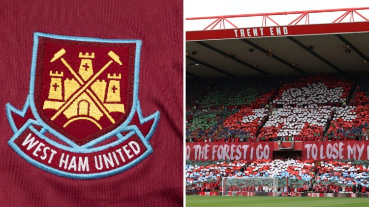 Left: West Ham badge on jersey Right: A full Trent End at the City Ground