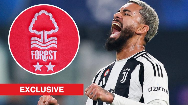 Douglas Luiz celebrates during Juventus vs PSV Eindhoven. Inset: The Nottingham Forest badge.