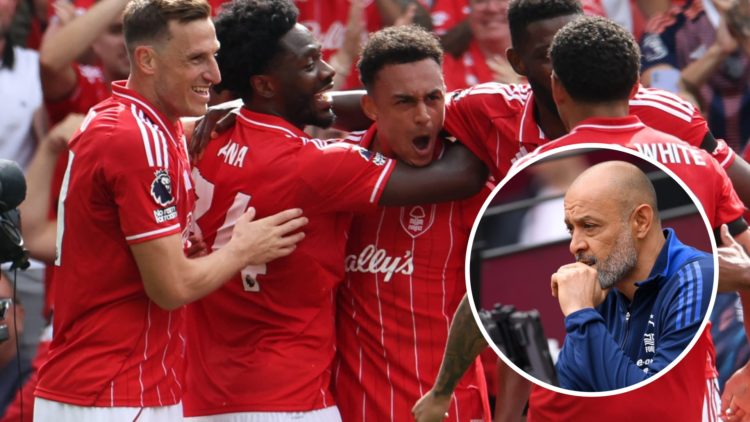Main: Nottingam Forest players Chris Wood, Ola Aina, Morgan Gibbs White celebrating with Dan Ndoye Overlay: Nuno Espirito Santo watching his team