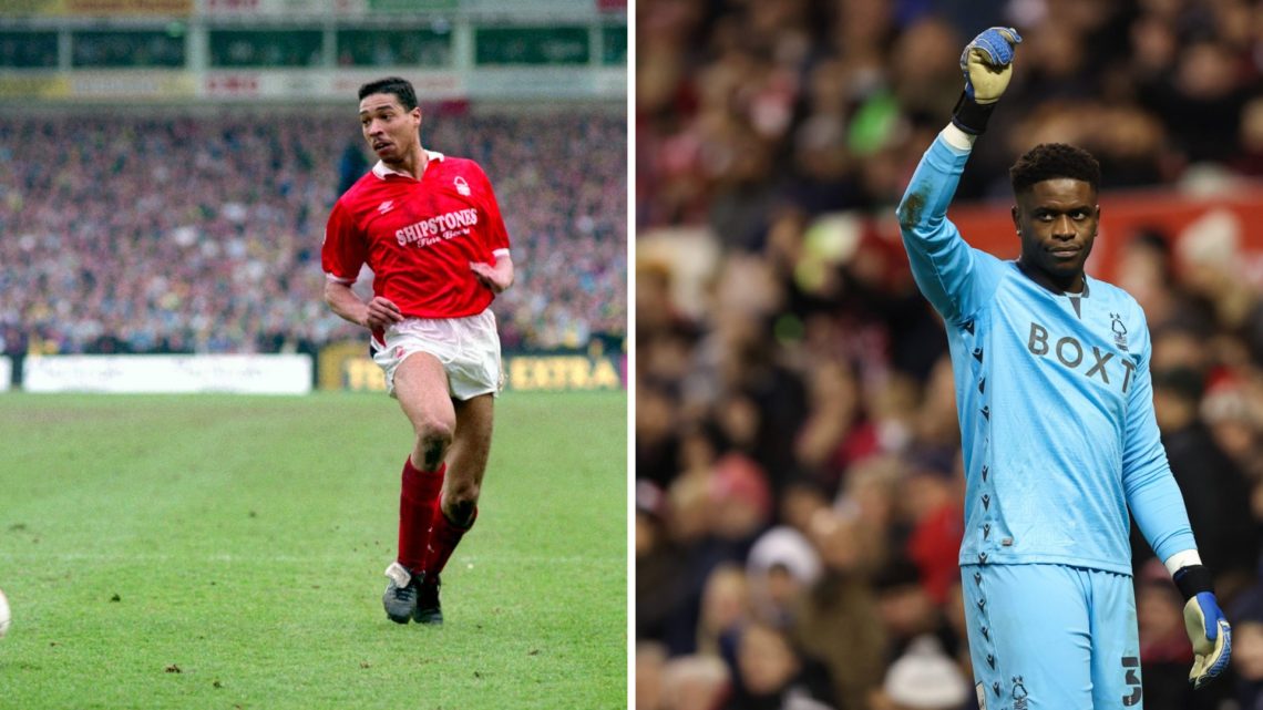 Left: Des Walker playing for Nottingham Forest and Right: Brice Samba in goal for Forest.